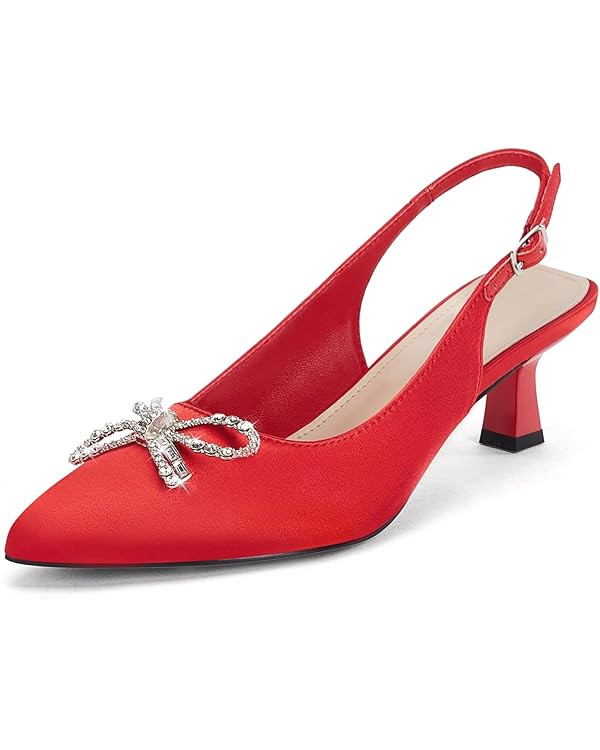 Coutgo Womens Kitten Heels Satin Pumps Slingback Pointed Toe Rhinestone Bow Wedding Dress Shoes | Amazon (US)