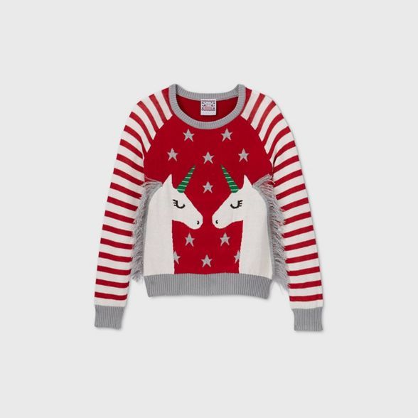Girls' Unicorn Fringe Pullover Sweater - Red | Target