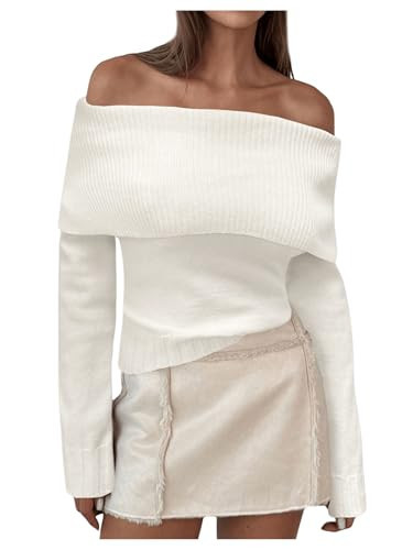 MakeMeChic Women's Off The Shoulder Sweater Oversized Long Sleeve Off Shoulder Sweaters Tops White Solid Small | Amazon (US)