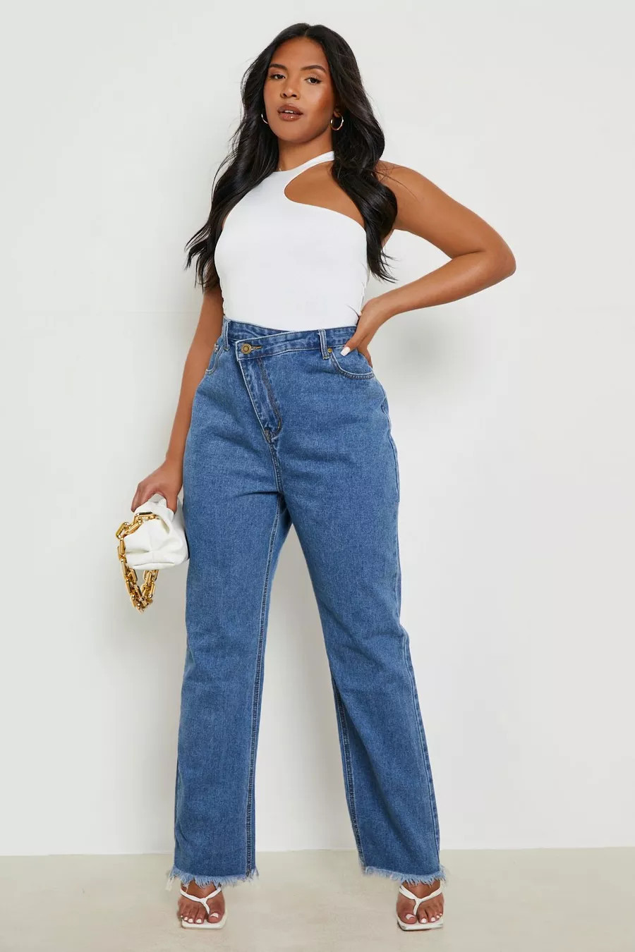 Plus Asymmetric Waistband Straight Leg Jeans | Boohoo.com (US & CA)