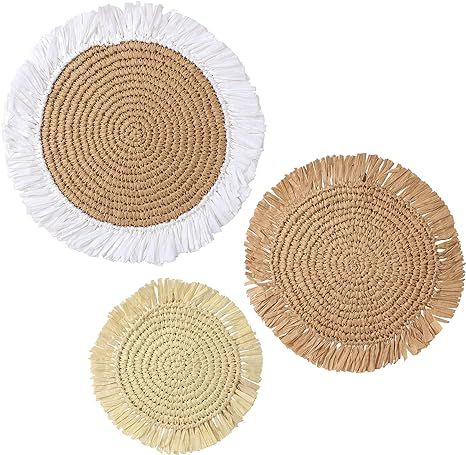 JIVANER Raffia wall baskets decor boho flat set of 3 | Woven straw grass round wall hanging wall ... | Amazon (US)