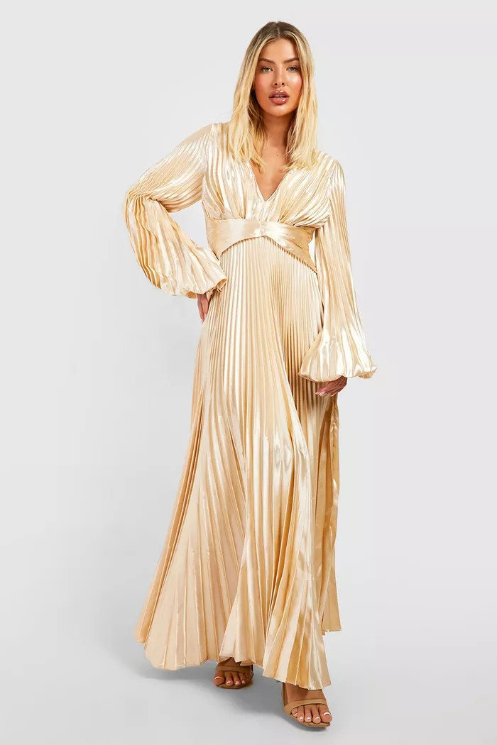 Pleated Satin Oversized Sleeve Midi Dress | boohoo (US & Canada)