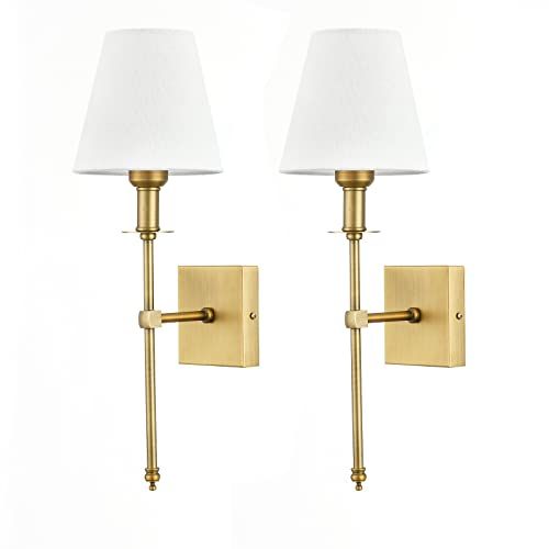 Bsmathom Wall Sconces Sets of 2, Brushed Brass Sconces Wall Lighting with Fabric Shade, Column St... | Amazon (US)
