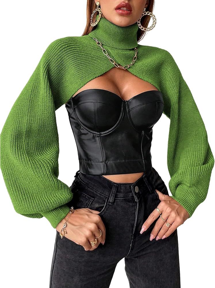 SweatyRocks Women's Lantern Sleeve Turtleneck High Neck Pullover Sweater Super Crop Top | Amazon (US)