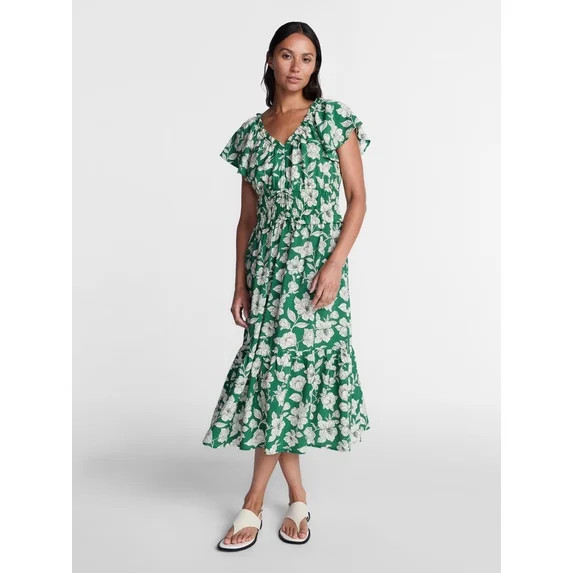 Time and Tru Women's Tiered Midi Dress with Flutter Sleeves, Sizes XS-XXXL | Walmart (US)