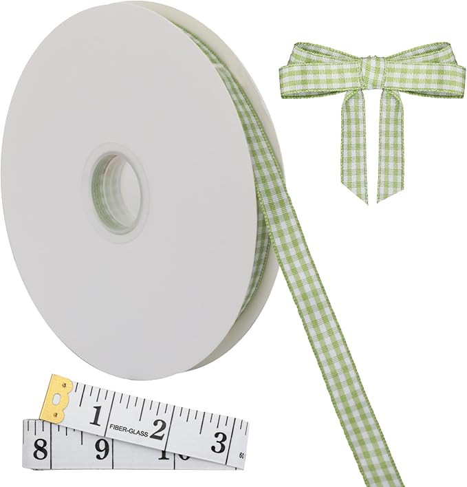 Green Gingham Ribbon 3/8 inch X 50 Yards, Polyester Plaid Checked with Woven Edge for Wedding Inv... | Amazon (US)