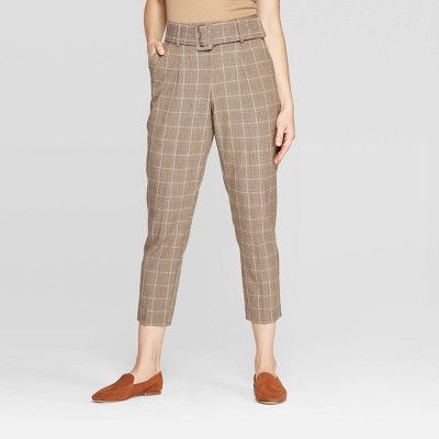 Women's Plaid Mid-Rise Belted Trousers - A New Day™ Brown | Target
