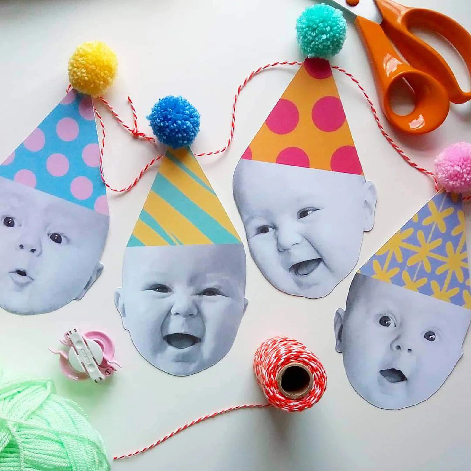 Personalised Face, Happy Head Garland/bunting With Pom Pom Party Hats - Etsy | Etsy (US)