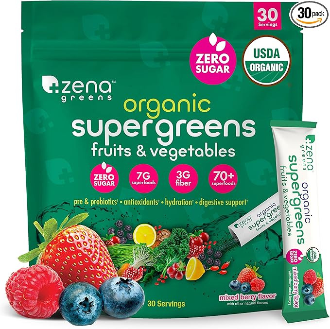 Zena Organic Super Greens Powder, 70+ Superfoods Drink Mix, 0 Sugar, 3G Fiber, Fruits, Veggies, S... | Amazon (US)