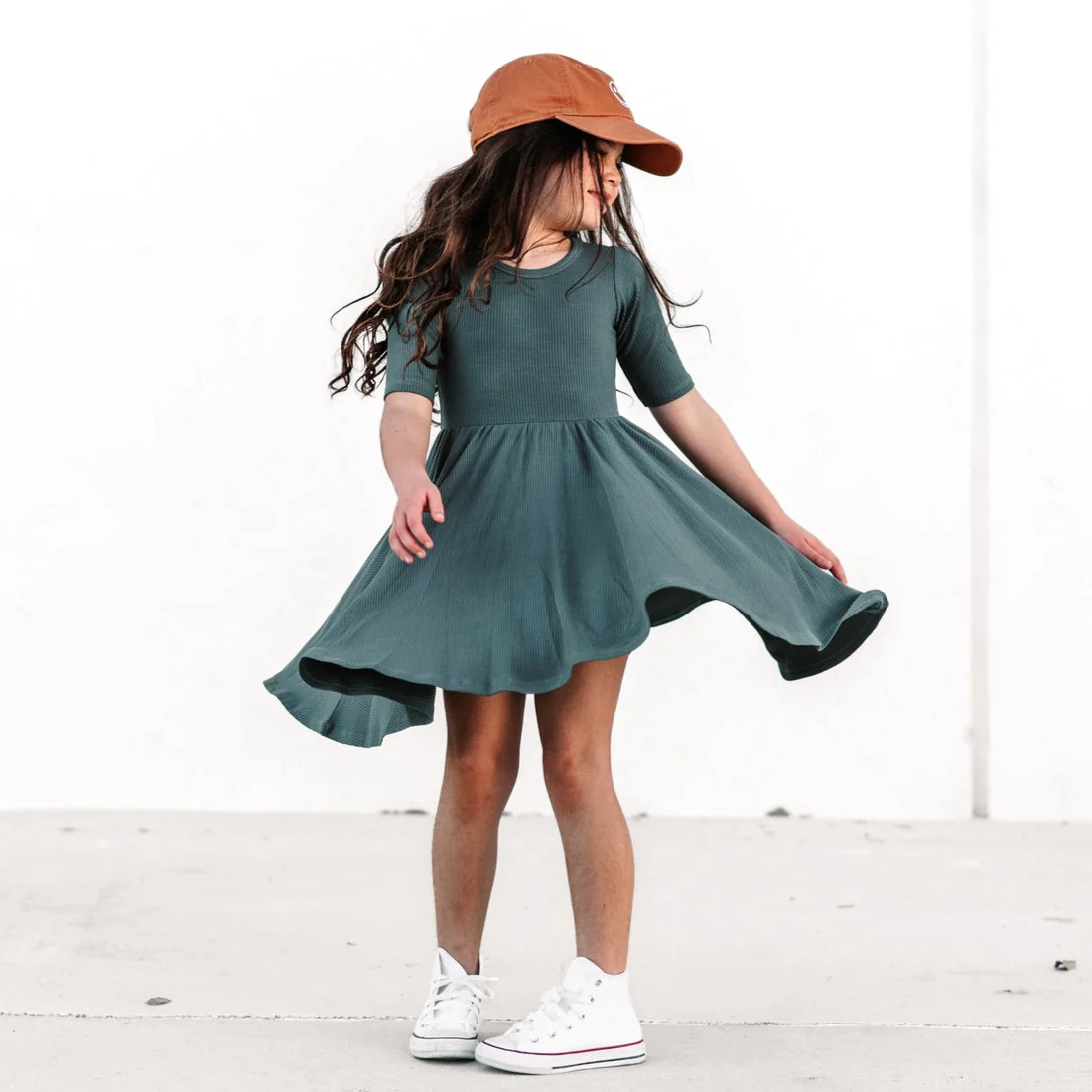 MID SLEEVE TWIRL DRESS- Slate Ribbed | millie + roo
