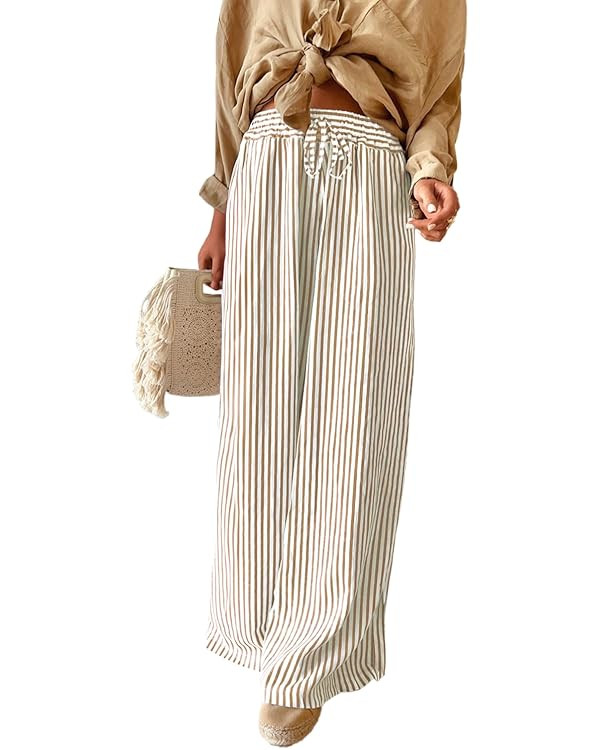 Acelitt Women Casual Drawstring Elastic Waist Striped Wide Leg Pants with Pockets, S-XXL | Amazon (US)