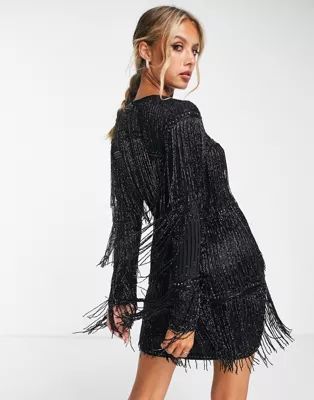 ASOS DESIGN embellished shift mini dress with beaded fringe in black | ASOS (Global)