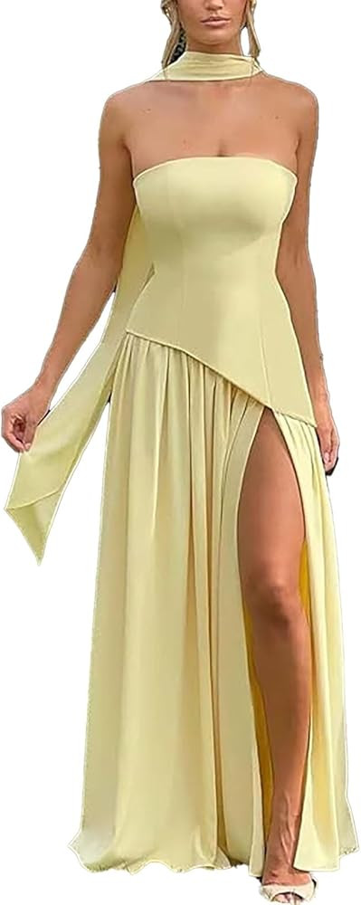 Women Strapless Corset Asymmetrical High Split Flowy Maxi Dresses Evening Gown Wedding Guest Dres... | Amazon (US)