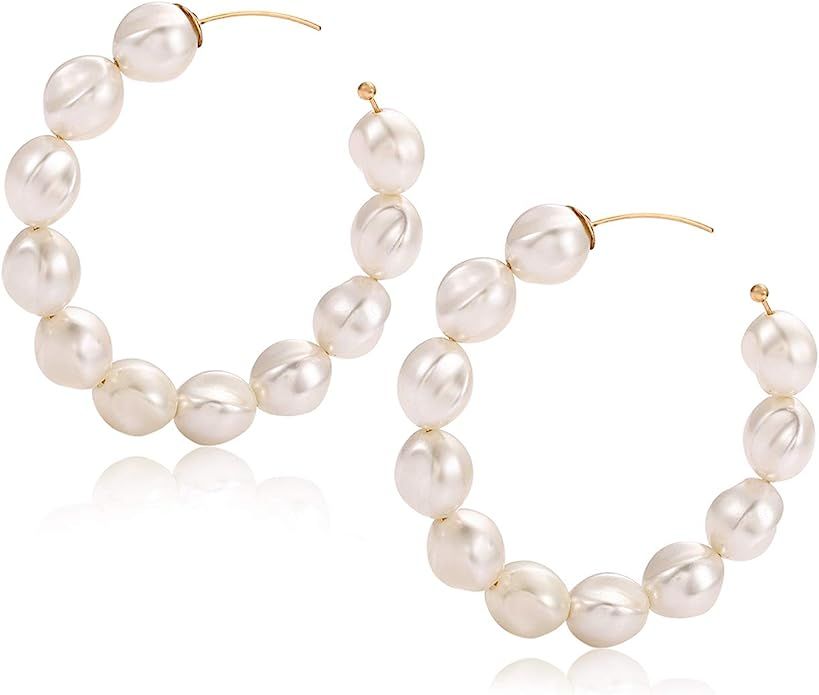 Pearl Hoop Earrings for Women Lightweight Faux Pearl Beaded Earrings Open Hoop Dangle Earrings Br... | Amazon (US)