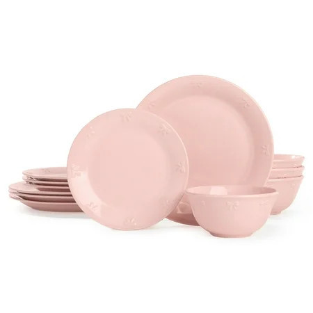 Paris Hilton London Collection 12-Piece Dinnerware Set, Elegant Bow Design, Durable Stoneware, Microwave & Dishwasher Safe, Service for 4, Blush Pink | Walmart (US)