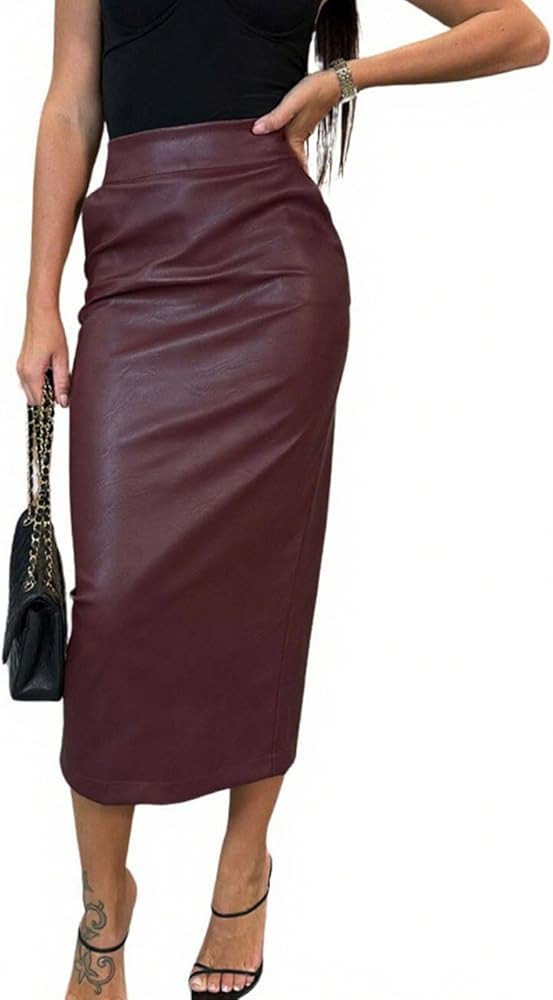 utcoco Womens Long Faux Leather Skirt Bodycon High Waist Slim Pencil Midi Skirt with Pockets | Amazon (US)