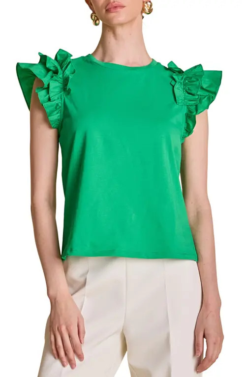 English Factory Ruffle Sleeve Mix Media Cotton Top in Green at Nordstrom, Size Medium | Nordstrom
