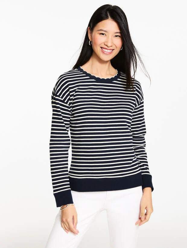Scalloped Trim French Terry Sweatshirt - Mayfair Stripe | Talbots