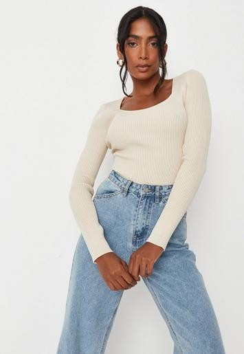 Missguided - Sand Rib Knit Square Neck Bodysuit | Missguided (UK & IE)