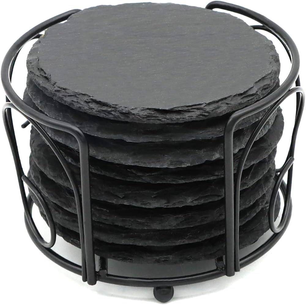 8 PCS Round Slate Drink Coasters Set, SIJDIEE 4 Inch Black Slate Stone Coasters with Anti-Scratch... | Amazon (US)