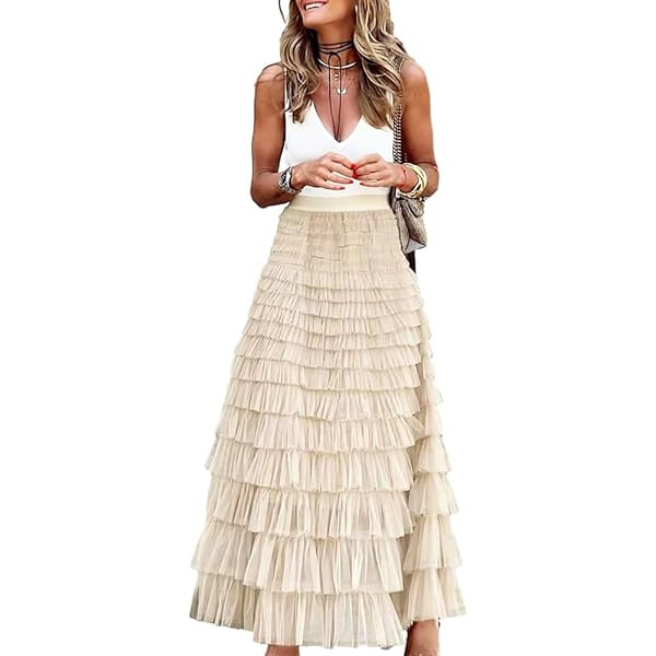 Womens Long Tulle Skirt A Line Ruffle Tiered Layered Skirts High Waisted Flowy Fairy Maxi Skirts | Amazon (US)