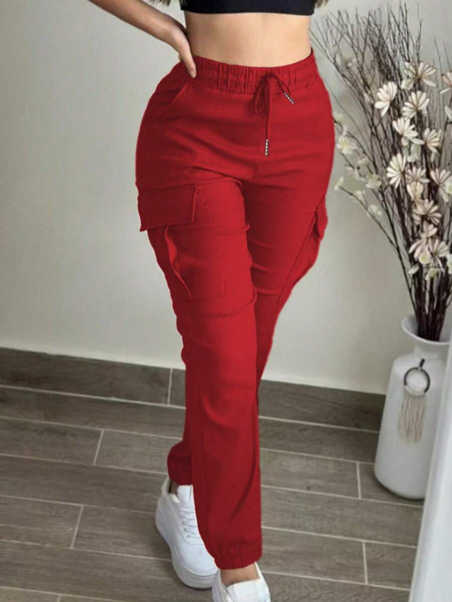 Women's Fashion Elegant Solid Color Casual Pocket Elastic Waist Drawstring Cargo Pants Spring | SHEIN