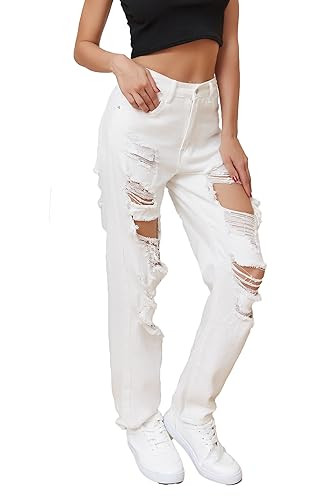 Giallino Ripped Jeans Womens Distressed high Waisted Jeans for Women Trendy Wide Straight Leg Y2k Pants Women’s Jeans White XL | Amazon (US)