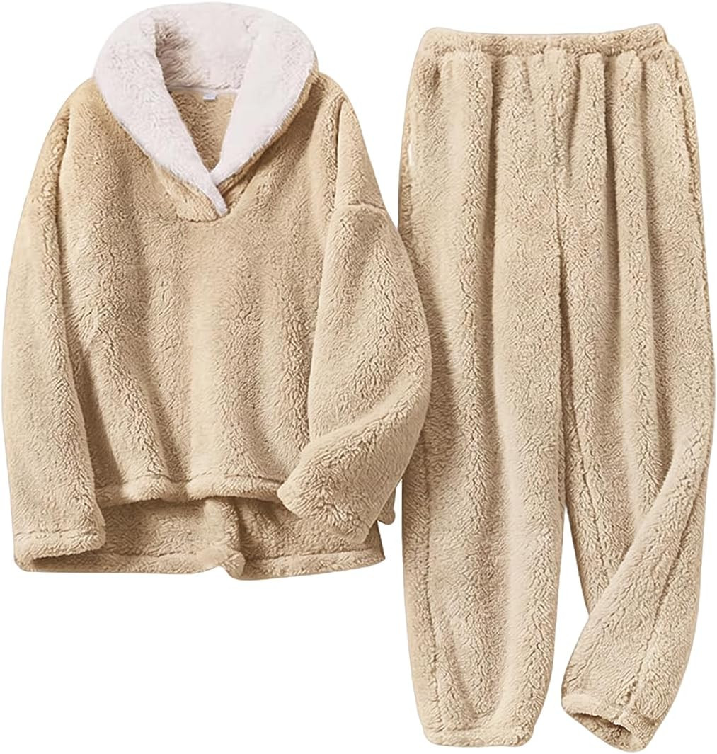Women's Fluffy Loungewear Sleepwear Lounge Casual Pajamas Sets Loose Long Sleeve Fleece Pullover and Pants Set | Amazon (US)