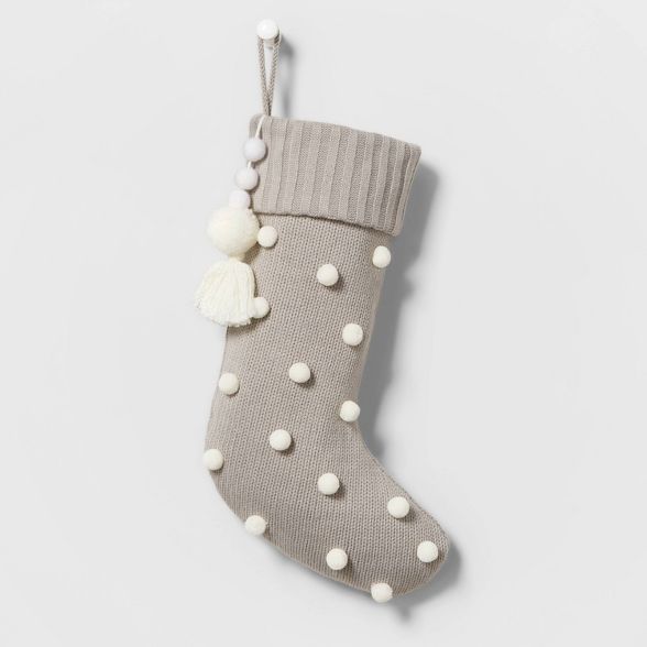 Baby Knit Christmas Stocking with Poms and Felted Ball Tassel Gray - Wondershop™ | Target