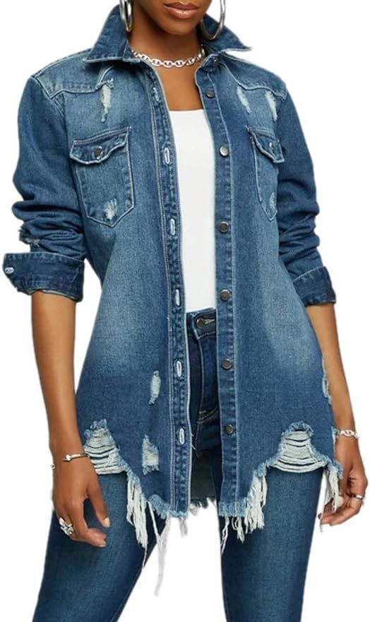 Denim Jacket for Women Winter Long Sleeve Classic Distressed Butterfly Jean Trucker Jackets | Amazon (US)