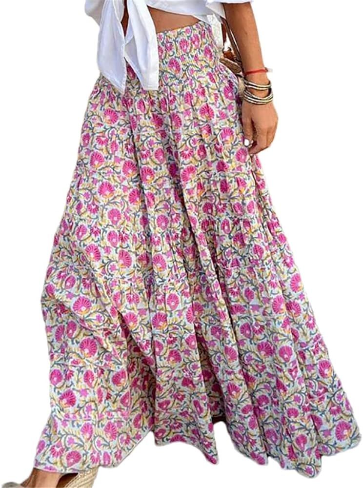 Women Floral Print Skirt Patchwork Elastic High Waist Ruffles Casual Long Skirts | Amazon (US)