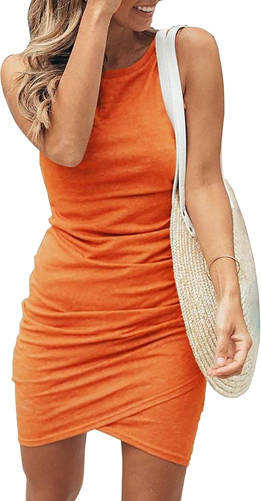 BTFBM Women 2024 Summer Sleeveless Tank Dresses Crew Neck Slim Fit Short Casual Ruched Bodycon Pa... | Amazon (US)