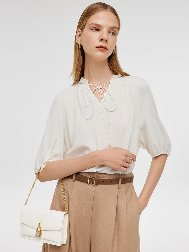 Ruffle Tie Front Neck Women Blouse - Off White / L | GOELIA