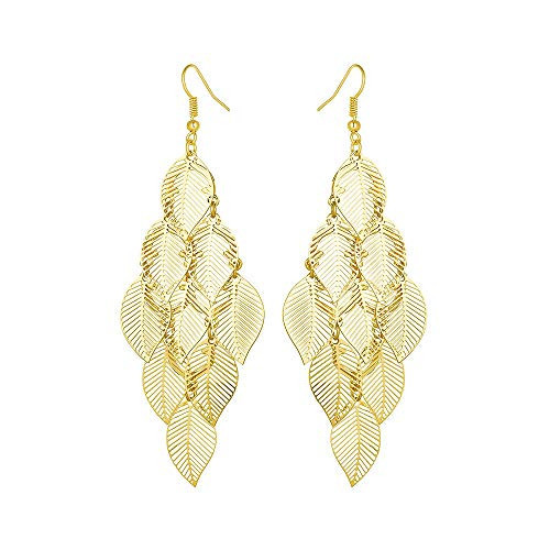 Bohemian Boho Filigree Leaf Chandelier Dangle Earrings for Women – Handcrafted Delicate – 14K Gold Plated – Lightweight (Gold - 5 Layered Leaf Chandelier) | Amazon (US)