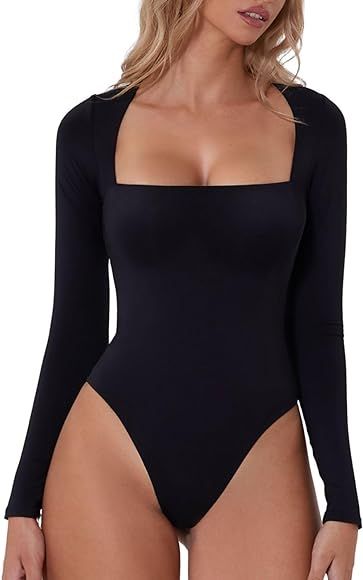 QINSEN Women's Sexy Square Neck Bodysuit Long Sleeve Double Shirt Tops | Amazon (US)