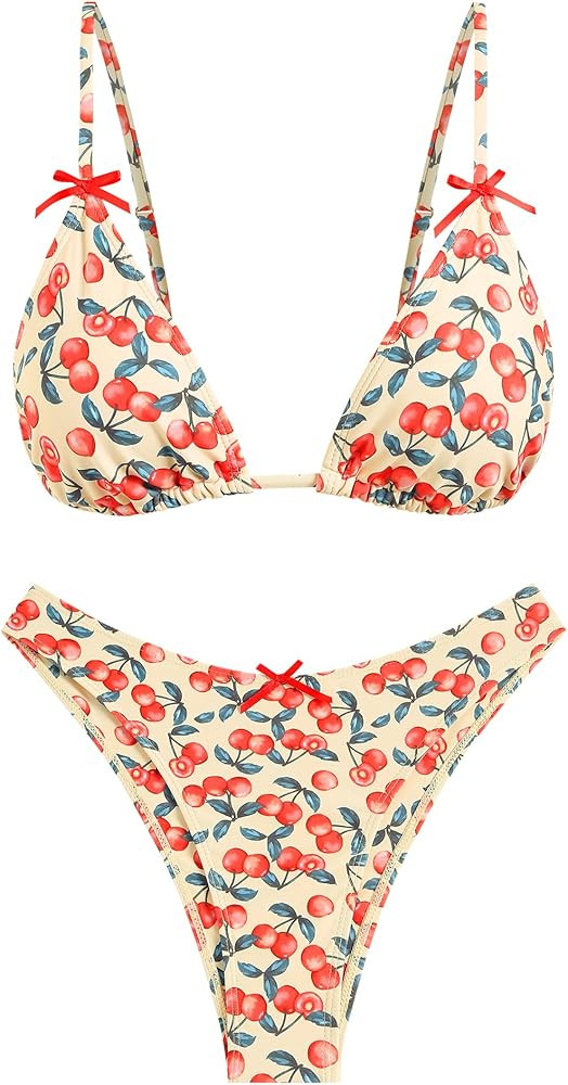 ZAFUL Women's String Triangle Bikini Sets Sexy Triangle Textured Tied High Cut Swimsuit Brazilian... | Amazon (US)