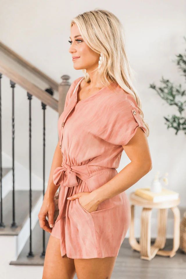 Goodbye Compromise Mauve Button Down Belted Romper | The Pink Lily Boutique