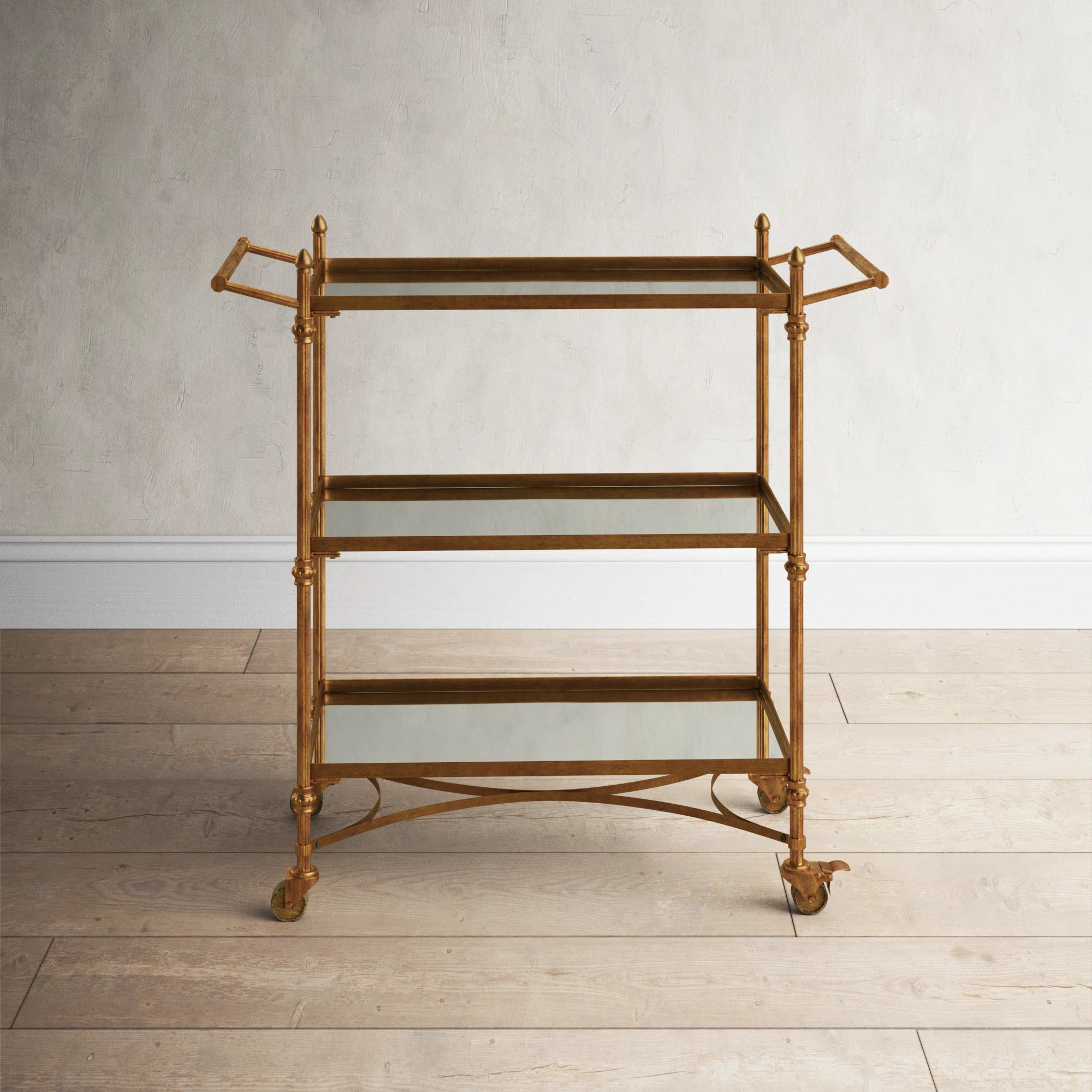 Birch Lane™ Algiers Brass Metal Rolling 3 Mirrored Shelves Bar Cart with Handles 35" x 18" x 33... | Wayfair North America
