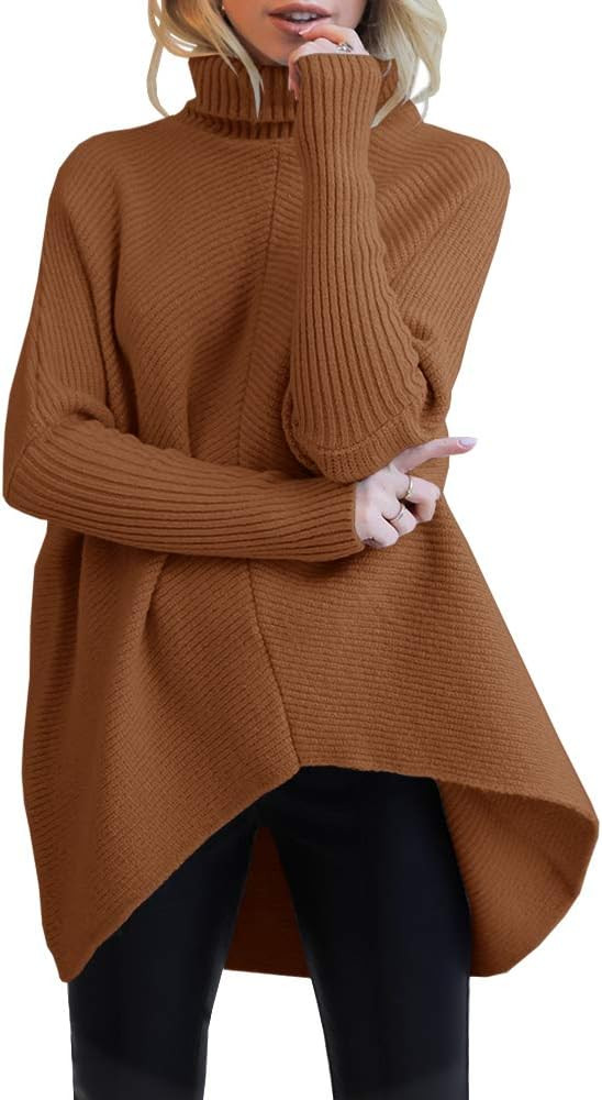 Nulibenna Womens Turtleneck Long Batwing Sleeve Knit Sweater Asymmetric Hem Chunky Pullover Winte... | Amazon (US)