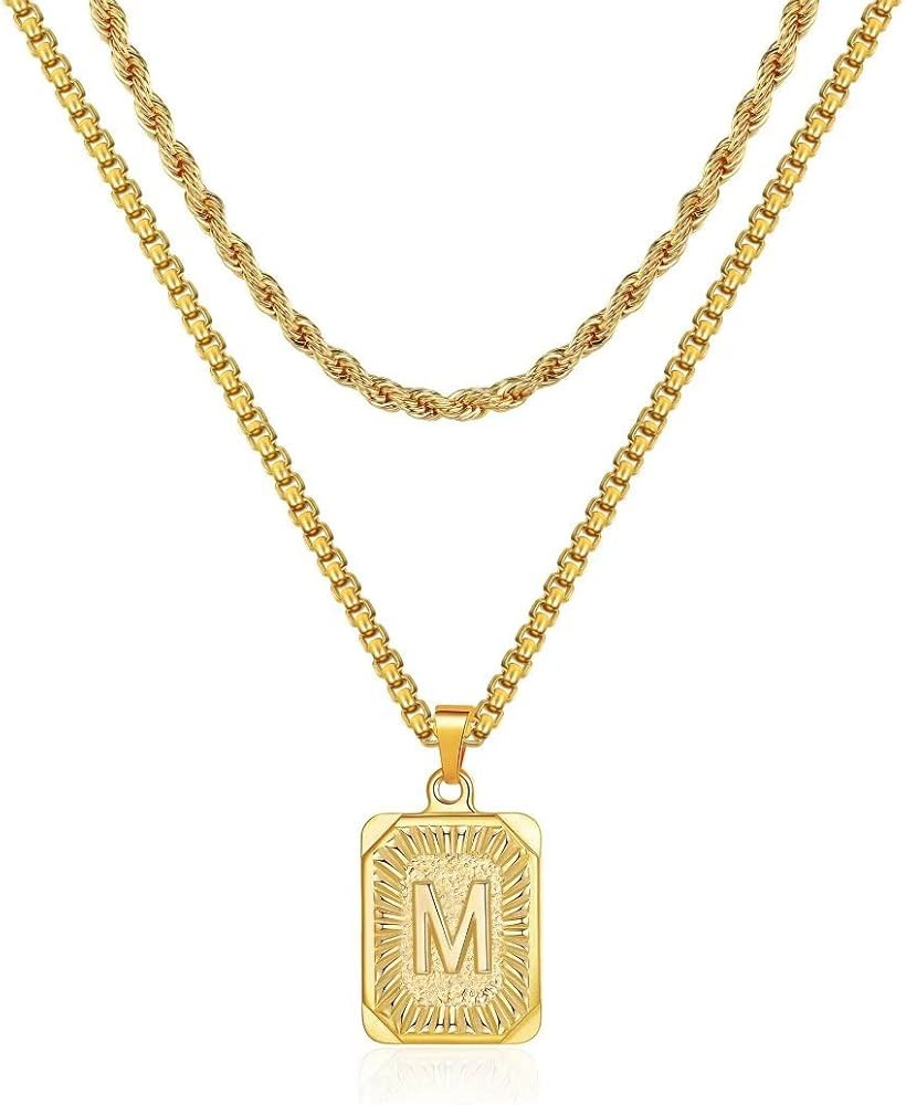 Gold Initial Necklace for Men Women, 18K Gold Plated Layered Rope Chain Box Chain 18-20 Inch Squa... | Amazon (US)