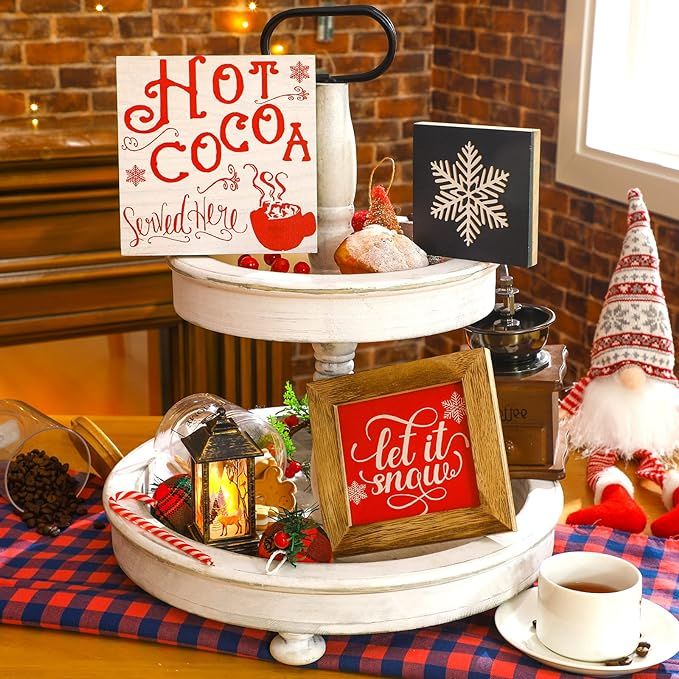 Hot Cocoa Bar 3 Pieces Christmas Hot Cocoa Bar Supplies Red Hot Cocoa Sign Wooden Hot Chocolate B... | Amazon (US)