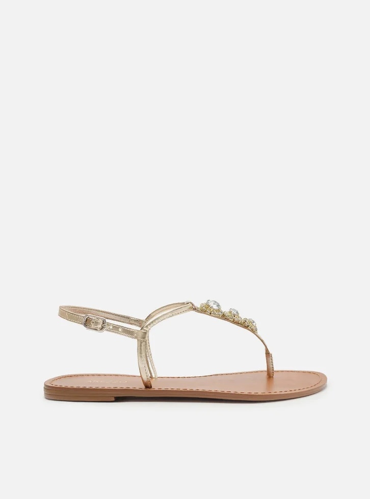 Sandália Rasteira Dourada Tiras Slim Pedrarias | ZZ Mall (BR)