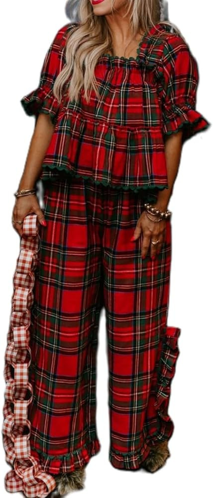 Argeousgor Women Christmas Pajamas Set Red Plaid Pjs Gingham Short Sleeve Babydoll Shirt Ruffle P... | Amazon (US)