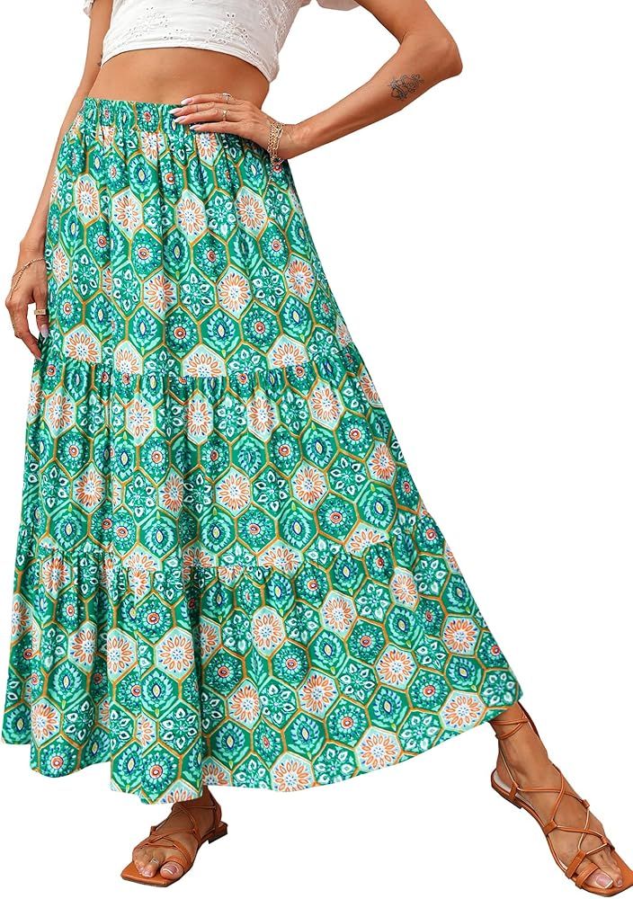 KIRUNDO Womens 2024 Spring Summer High Waist Boho Floral Maxi Skirt Casual Flowy Swing Pleated A ... | Amazon (US)