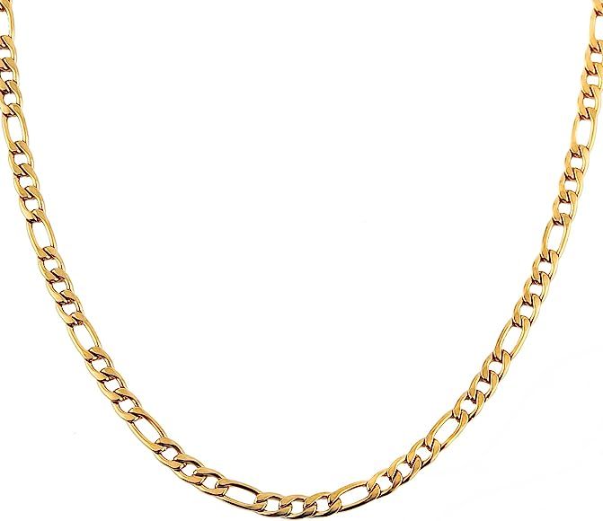 Men Women 24k Real Gold Plated Figaro Chain Stainless Steel Necklace, Wide 5mm 7mm 9mm 13mm | Amazon (US)