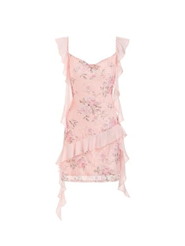 CIDER Women's Floral Mini Dress Ruffle Cowl Neck Cute Summer Dresses Wedding Guest Dress Trendy Date Vacation Outfits: Pink, S | Amazon (US)