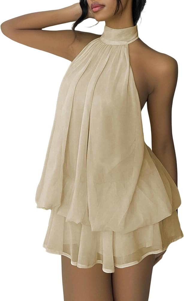 SHINFY Women Chiffon Halter Cocktail Dresses for Wedding Guest Ruffle Mini Beach Vacation Birthda... | Amazon (US)