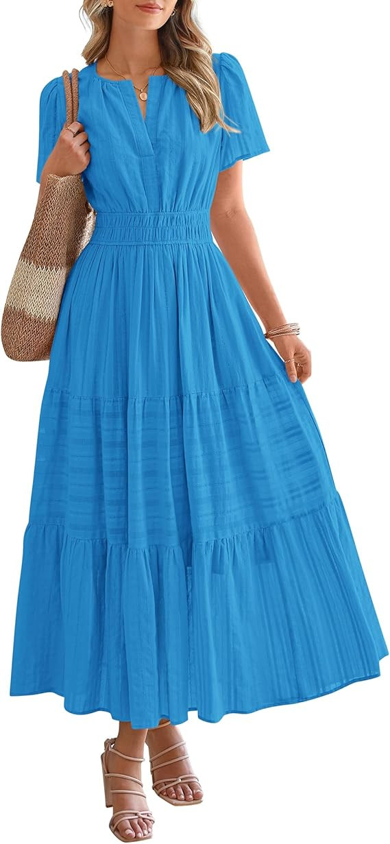 BTFBM Womens Summer 2025 Casual Midi Maxi Dresses Lightweight Short Sleeve V Neck Elastic Waist B... | Amazon (US)