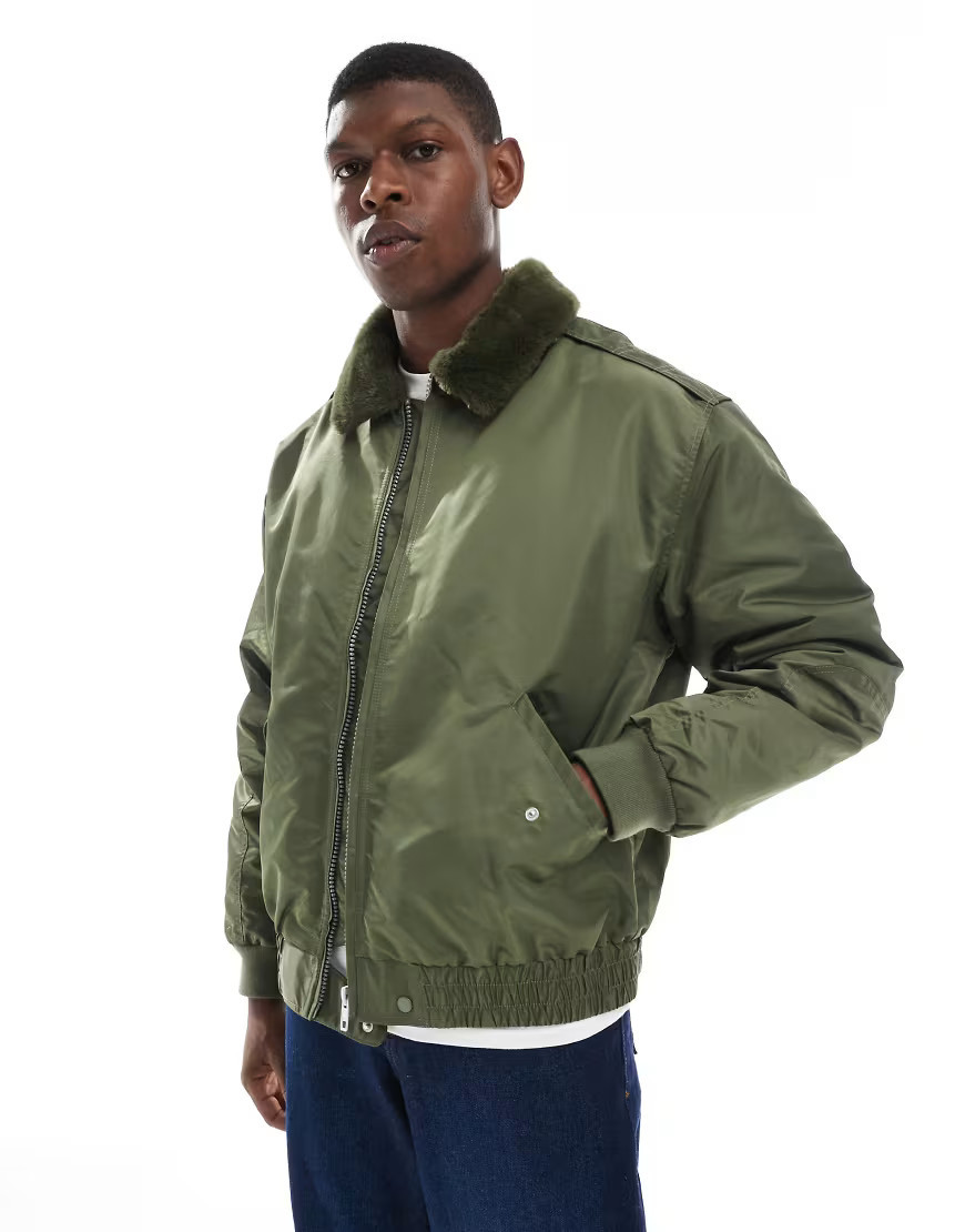 ASOS DESIGN bomber jacket with faux fur collar in khaki-Green | ASOS (Global)