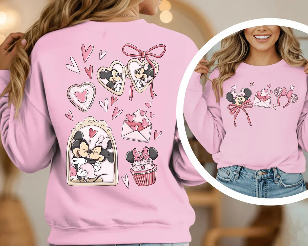 Pink Love Minnie Valentine Sweatshirt, Minnie Hearts Bow Graphic Hoodie Sweater - Etsy | Etsy (US)